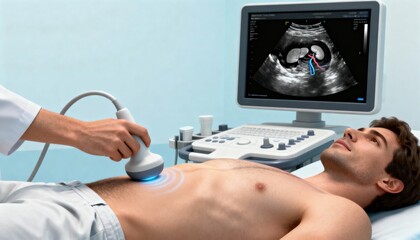 Doctor performing an abdominal ultrasound scan on a male patient. Sonogram of kidneys with color doppler visible on the monitor. Medical diagnostics and healthcare technology concept