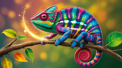 A digital art illustration of a vibrant, colorful chameleon perched on a brown tree branch