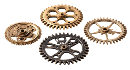 Four gears of various sizes and colors,?interlocking, against a dark background