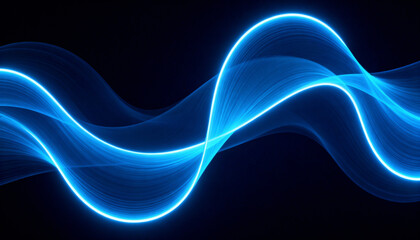 Obraz premium Graceful, glowing blue neon wave or sine curve that intersects and bends on a deep black background.