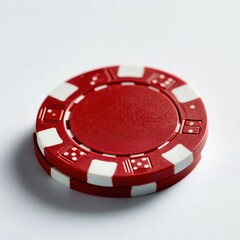 Naklejka premium Red Casino Chip with White Markings Sitting on a White Surface Perfect for Gambling and Poker Themes