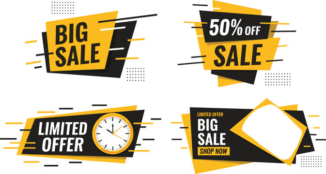 Collection of modern promotional sale banners and tags, featuring dynamic yellow and black geometric shapes for retail advertising and special offers