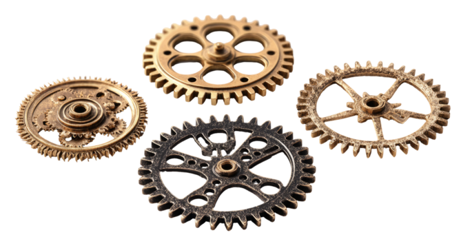 Four gears of various sizes and colors,?interlocking, against a dark background