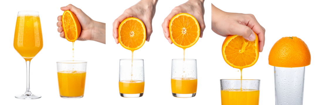 setof  Orange Juice Preparation Set – Hand Squeezing and Fresh Glass Served – Isolated on Transparent Background