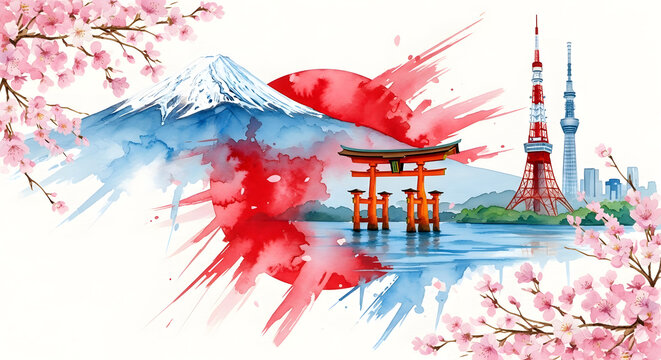 Watercolor painting of iconic japanese landmarks isolated on white background - Powered by Adobe