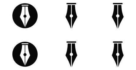 Fountain pen nib icon set – solid and outline black symbols for writing, editing, publishing, creativity, and graphic design elements 