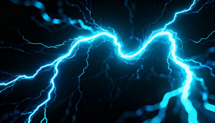 Bright blue electrical lightning, sparking and twisting on black background, demonstrating powerful energy.