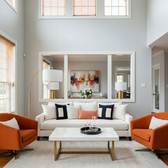 Fototapeta premium Elegant living room decor white sofa orange chairs coffee table