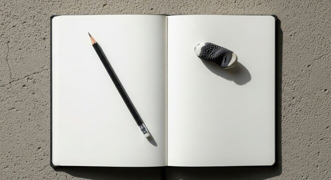 Open notebook with blank pages, pencil and eraser on gray textured background top view of sketchbook for drawing