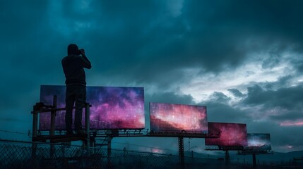 Photographer observes vibrant cosmic nebulae on twilight billboards under dramatic clouds