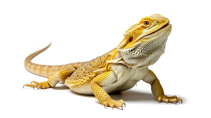 A high-quality photograph of a bearded dragon lizard against a pure white background.