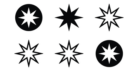 Eight-point starburst icon set – solid, outlined, and hybrid black symbols for emphasis, energy, decoration, and graphic design elements 