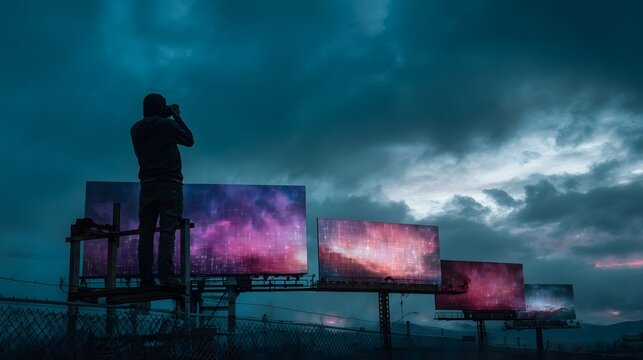 Photographer observes vibrant cosmic nebulae on twilight billboards under dramatic clouds