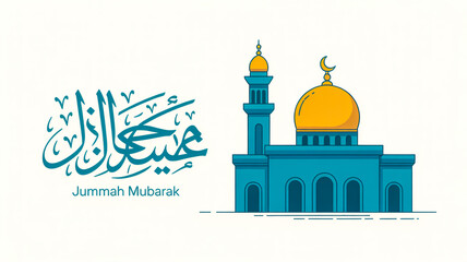 A minimalist illustration of a mosque with a golden dome and minaret against a white backgrou