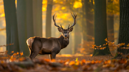 A majestic deer stands in a misty autumn forest, its antlers catching golden sunlight.
