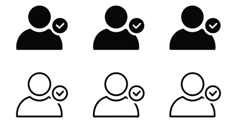Verified user icon set – solid and outline profile symbols with checkmark for approval, authentication, and interface design elements 