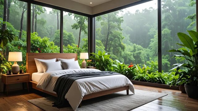 Interior of a modern bedroom with natural light, overlooking lush tropical forest during rain