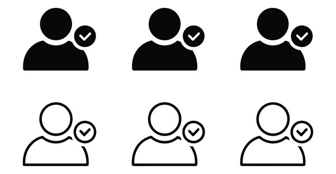 Verified user icon set – solid and outline profile symbols with checkmark for approval, authentication, and interface design elements 