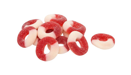 Pile of red and white gummy rings isolated on transparent background