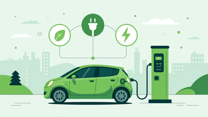 A minimalist illustration of an electric vehicle charging station in a light green color palette