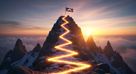 Mountain Peak Goal Glowing Path Success Sunset Copy Space