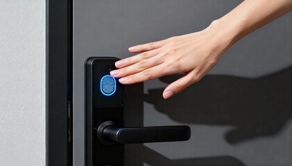 Naklejka premium Woman unlocking a door with a fingerprint on a smart lock. Biometric access control for modern home security. Keyless entry technology