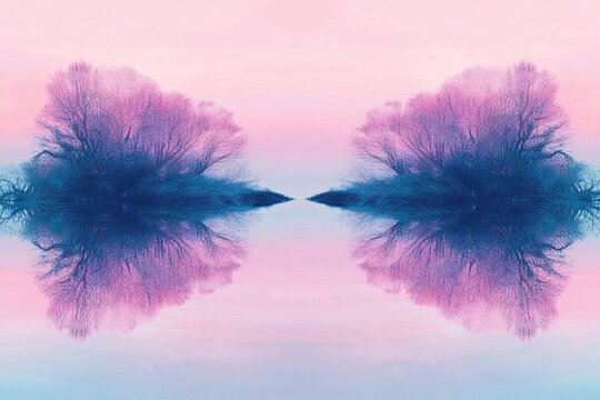 Two trees with green foliage reflected in still water of a serene lake or pond