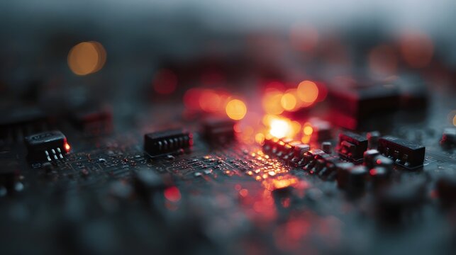 Close up of a dark circuit board with glowing red and orange lights highlighting electronic components and circuitry