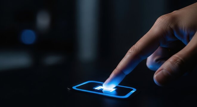 A finger presses a glowing power button on a dark surface, symbolizing technology, innovation, and the start of a new era