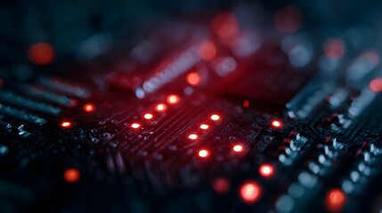 Detailed ro view of an illuminated circuit board with glowing red lights showcasing complex pathways and advanced technology