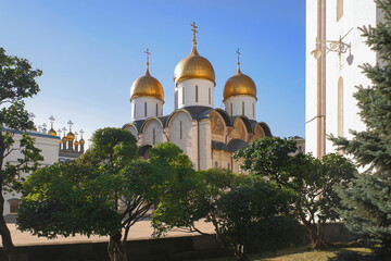 Cathedral of the Dormition (Uspensky Sobor) in Cathedral square of Moscow Kremlin. Summer sunset day
