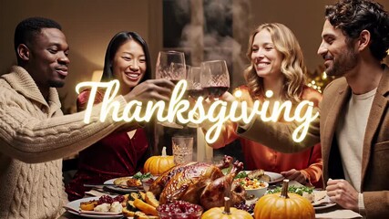 Diverse Group Toasting Wine Glasses at Thanksgiving Dinner with Roasted Turkey on Table and Warm Lighting