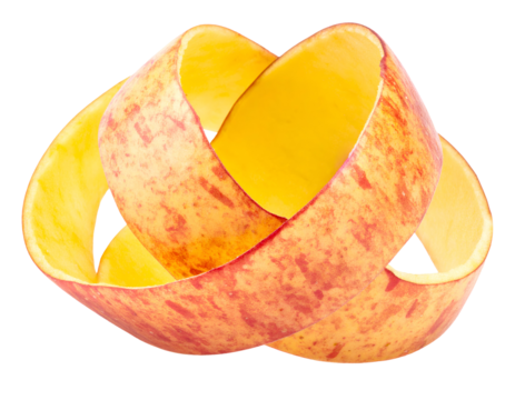 Apple peel spiral curled into an abstract loop, fresh red and yellow fruit skin ribbon texture macro close-up on isolated background