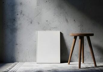 Closed blank magazine leaning on textured wall beside vintage stool, moody daylight, artistic home scene