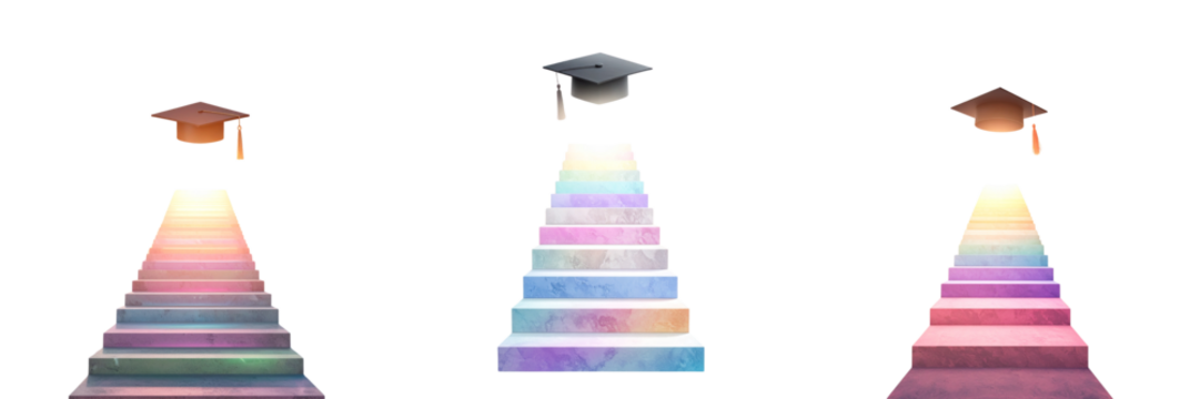 set of  Surreal Floating Stairs with Radiant Light and Graduation Cap – Inspirational PNG