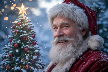 A Cinematic, Ultra-High Resolution Digital Painting of Santa Claus by a Snowy Christmas Tree
