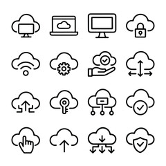 Cloud Computing Thin Line Icons Set – Cloud Service, Database & Server Editable Stroke Vector