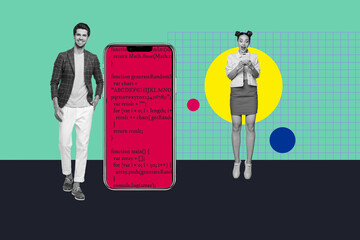 Full image trendy banner 3d photo collage of happy business partners men girls stand together company manager development phone