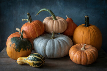 A Still Life Photograph of Various Pumpkins and Gourds in Different Colors and Textures on a Wooden Table