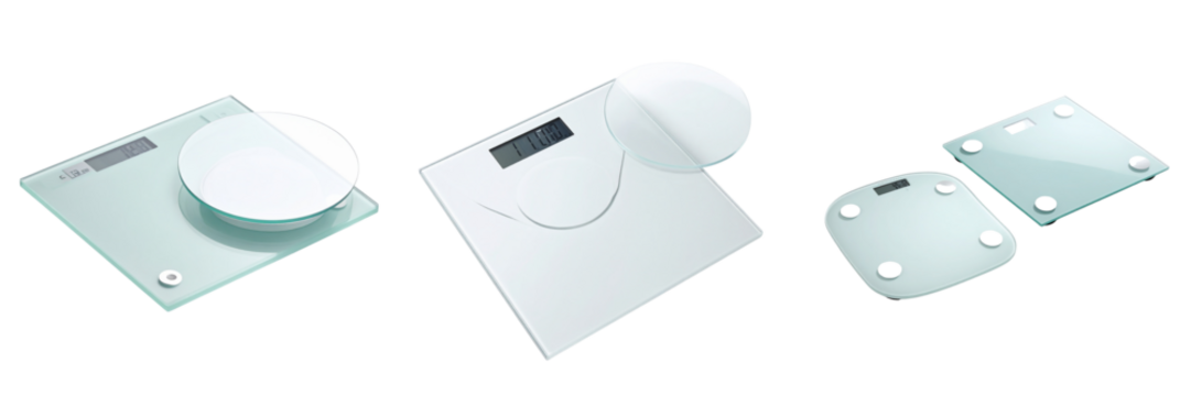 Tempered Glass Digital Scales in Square and Round Designs – Isolated on Transparent Background