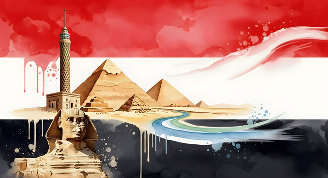 Watercolor painting of the egyptian flag with pyramids and sphinx