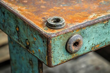 Rusted metal table with a rusty bolt resting on its surface in an industrial setting