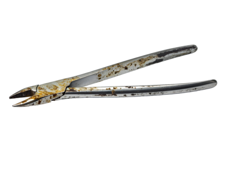 Rusty dental extraction forceps pliers, corroded steel surgical instrument with serrated jaws and long handles, unsafe medical tool on isolated background