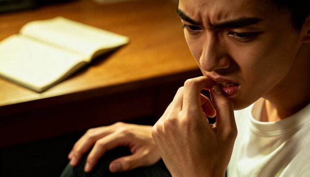 Stressed young asian man biting his nails in worry. Anxious student feeling pressure from exams or personal problems. Mental health and anxiety concept in a dark room