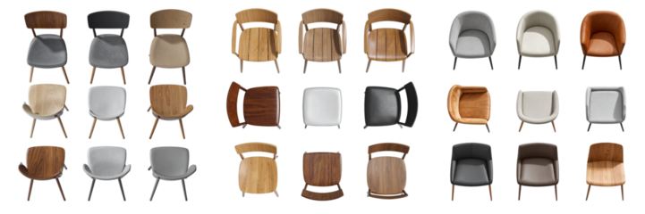 Top-Down View of Contemporary Minimalist Chair Collection – Flat Lay PNG