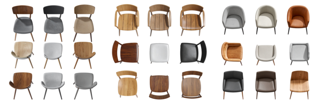 Top-Down View of Contemporary Minimalist Chair Collection – Flat Lay PNG