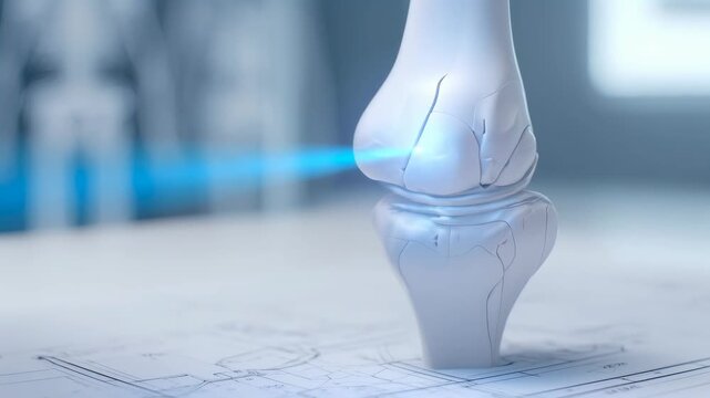 Damaged knee anatomy model with blue light scanning showing detailed injury for medical diagnostic footage - Powered by Adobe