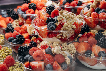 Fruit bowls filled with fresh berries, granola, and yogurt