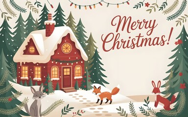Christmas card depicting a red house covered in snow in a pine forest, with cute animals walking outside. The words “Merry Christmas!” are written in the top right corner