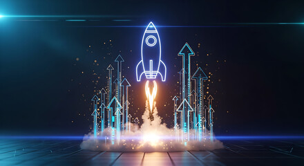 Rocket Launch Business Growth Startup Concept Neon Glow Digital Arrows Copy Space